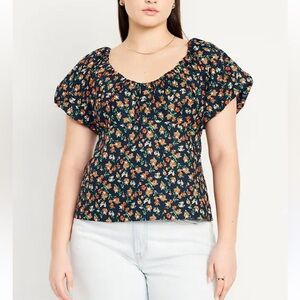 Old Navy Short Sleeve Vee Trapeze Women's Top Size XL Smocked Back Navy Floral